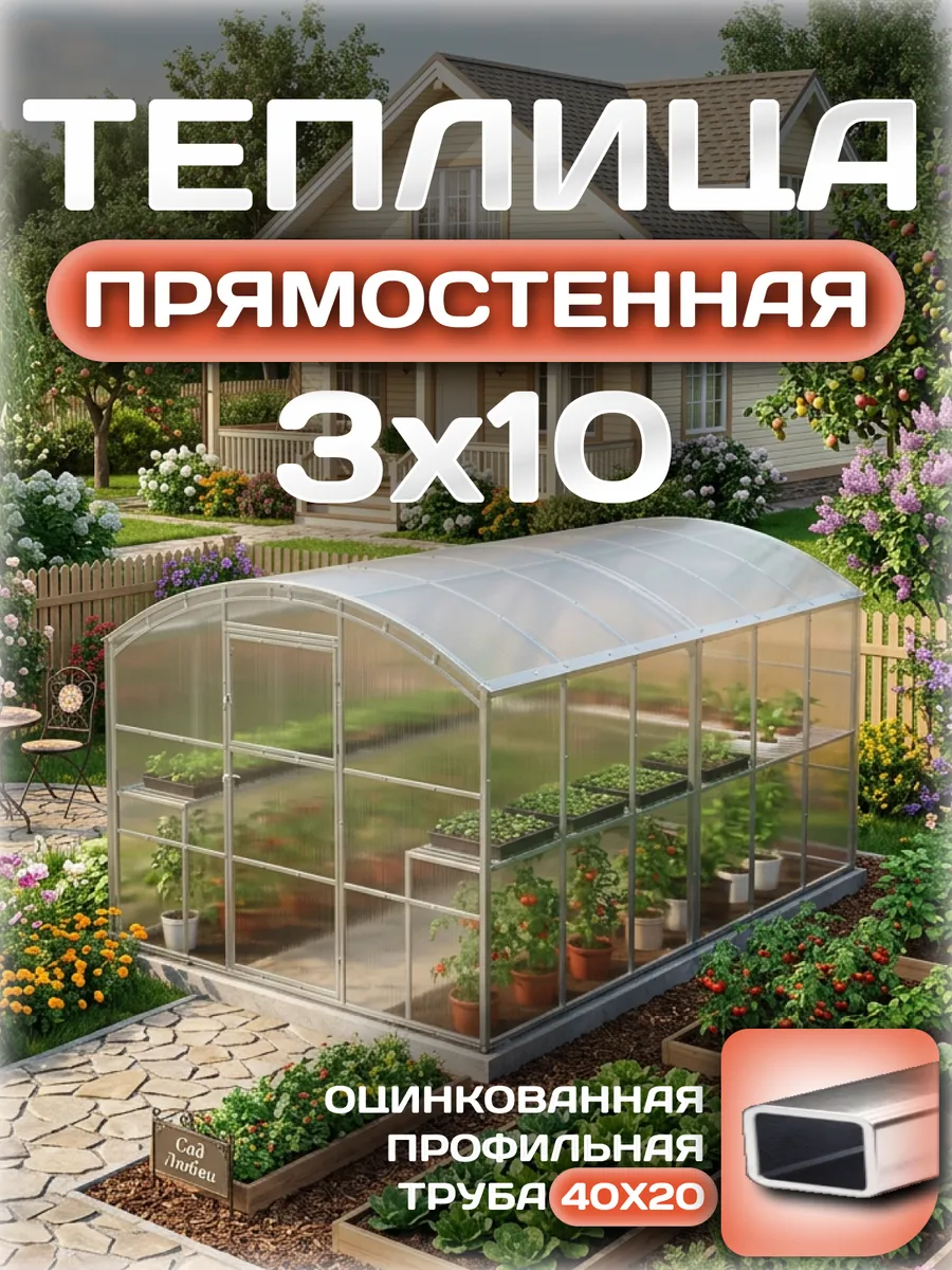 Теплица прямостенная 3х10 м, каркас 25х25, шаг дуг 0.65 м усиленная с поликарбонатом 4 мм 0,80 кг/м²